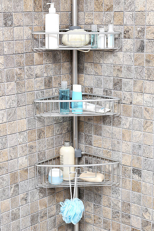 3 Raflı Paslanmaz Alüminyum Banyo Köşe Rafı (E)- Metalik (Montaj Gerektirmez.) - 1