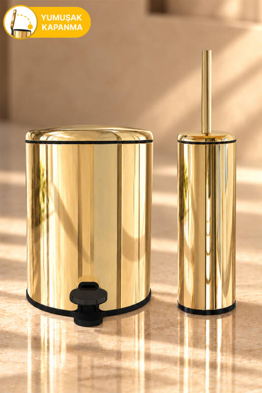 Cigo 2'li Banyo Seti Banyo 6 Litre Çelik Çöp Kovası + Tuvalet Fırçası - Sarı Gold İç Kısım Siyah - 1