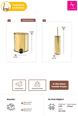 Cigo 2'li Banyo Seti Banyo 6 Litre Çelik Çöp Kovası + Tuvalet Fırçası - Sarı Gold İç Kısım Siyah - Primanova (1)