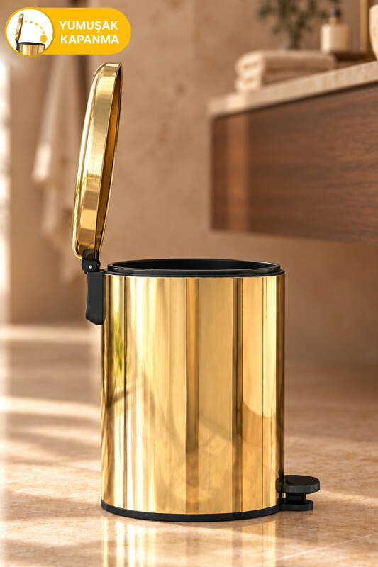 Cigo 2'li Banyo Seti Banyo 6 Litre Çelik Çöp Kovası + Tuvalet Fırçası - Sarı Gold İç Kısım Siyah - 4