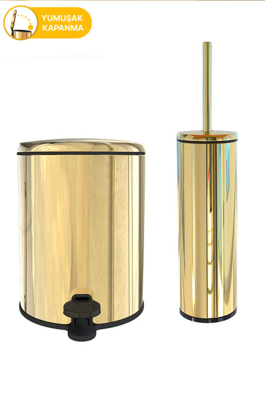 Cigo 2'li Banyo Seti Banyo 6 Litre Çelik Çöp Kovası + Tuvalet Fırçası - Sarı Gold İç Kısım Siyah - 7