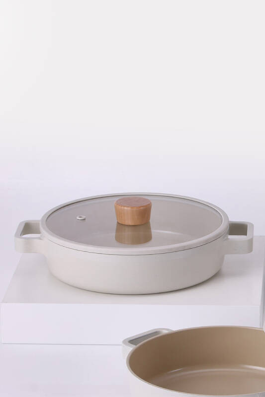 Fika Cam Kapaklı Seramik Kaplama Sahan 22 CM - Bej - 4