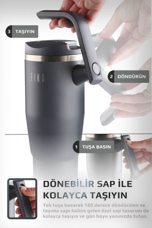 Fika Lumi Patentli Döner Kulplu Sızdırmaz Çelik Termos 1200 ML - Antrasit - 5
