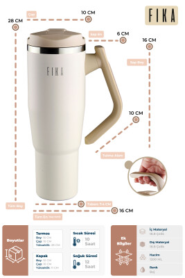 Fika Lumi Patentli Döner Kulplu Sızdırmaz Çelik Termos 1200 ML - Bej - 3