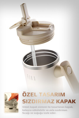 Fika Lumi Patentli Döner Kulplu Sızdırmaz Çelik Termos 1200 ML - Bej - 4