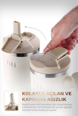 Fika Lumi Patentli Döner Kulplu Sızdırmaz Çelik Termos 1200 ML - Bej - 5