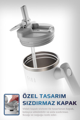 Fika Lumi Patentli Döner Kulplu Sızdırmaz Çelik Termos 1200 ML - Beyaz - 4