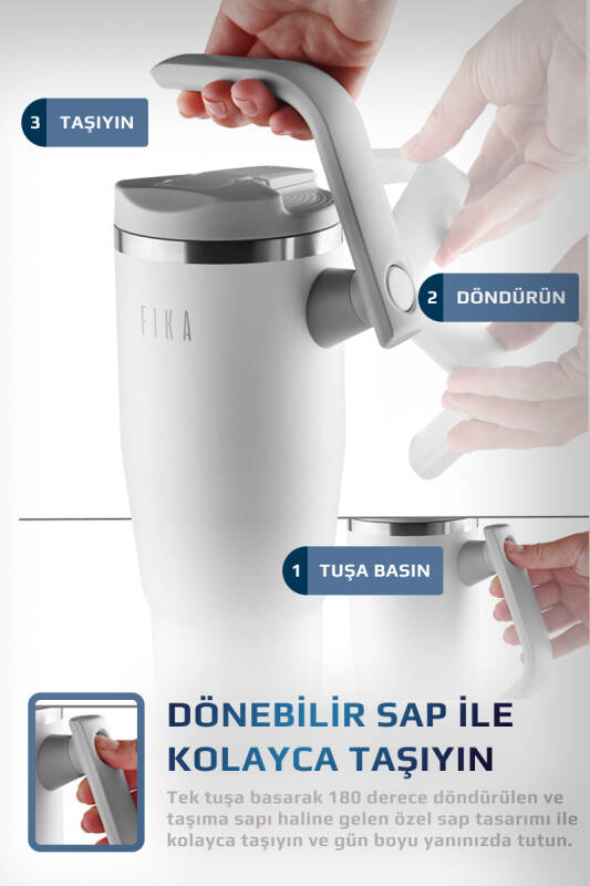 Fika Lumi Patentli Döner Kulplu Sızdırmaz Çelik Termos 1200 ML - Beyaz - 6