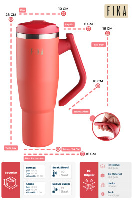 Fika Lumi Patentli Döner Kulplu Sızdırmaz Çelik Termos 1200 ML - Nar Çiçeği - 3