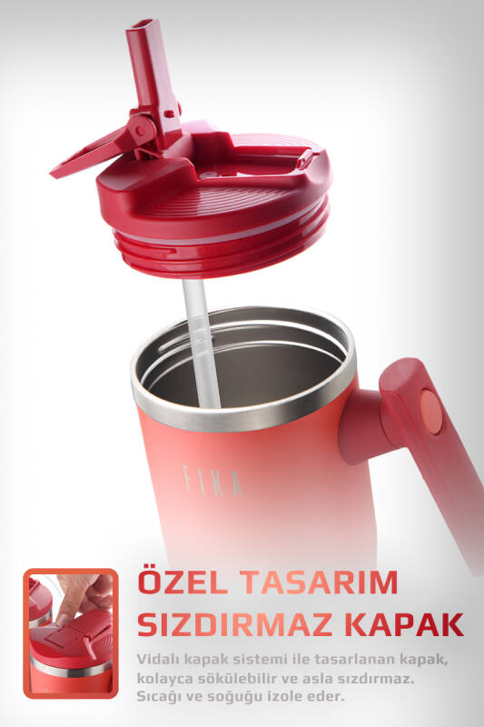 Fika Lumi Patentli Döner Kulplu Sızdırmaz Çelik Termos 1200 ML - Nar Çiçeği - 4