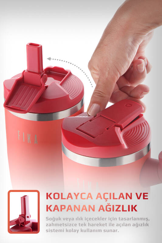 Fika Lumi Patentli Döner Kulplu Sızdırmaz Çelik Termos 1200 ML - Nar Çiçeği - 5