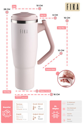 Fika Lumi Patentli Döner Kulplu Sızdırmaz Çelik Termos 1200 ML - Pembe - 3