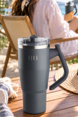 Fika Lumi Patentli Döner Kulplu Sızdırmaz Çift Ağızlıklı Çelik Termos 950 ML - Antrasit - Neoflam