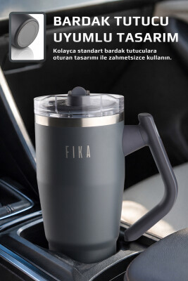 Fika Lumi Patentli Döner Kulplu Sızdırmaz Çift Ağızlıklı Çelik Termos 950 ML - Antrasit - Neoflam (1)