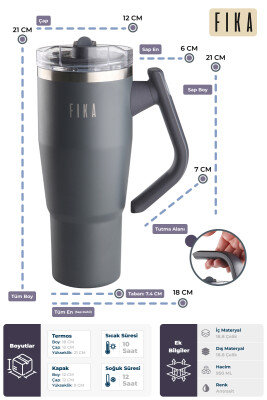 Fika Lumi Patentli Döner Kulplu Sızdırmaz Çift Ağızlıklı Çelik Termos 950 ML - Antrasit - 3