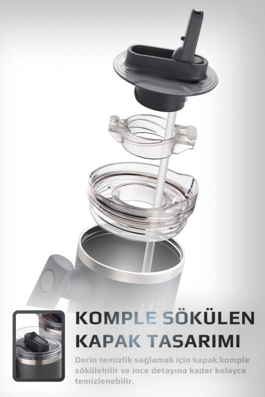 Fika Lumi Patentli Döner Kulplu Sızdırmaz Çift Ağızlıklı Çelik Termos 950 ML - Antrasit - 4