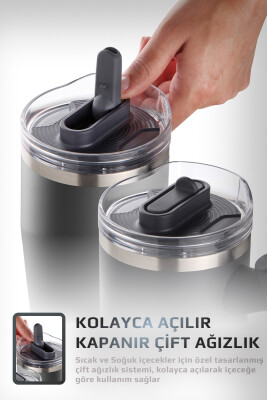 Fika Lumi Patentli Döner Kulplu Sızdırmaz Çift Ağızlıklı Çelik Termos 950 ML - Antrasit - 5