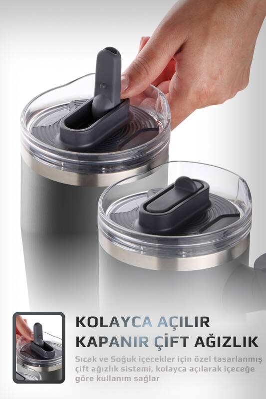 Fika Lumi Patentli Döner Kulplu Sızdırmaz Çift Ağızlıklı Çelik Termos 950 ML - Antrasit - 5