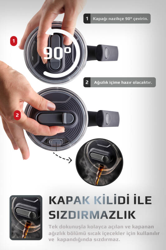 Fika Lumi Patentli Döner Kulplu Sızdırmaz Çift Ağızlıklı Çelik Termos 950 ML - Antrasit - 6