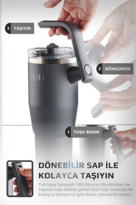 Fika Lumi Patentli Döner Kulplu Sızdırmaz Çift Ağızlıklı Çelik Termos 950 ML - Antrasit - 8