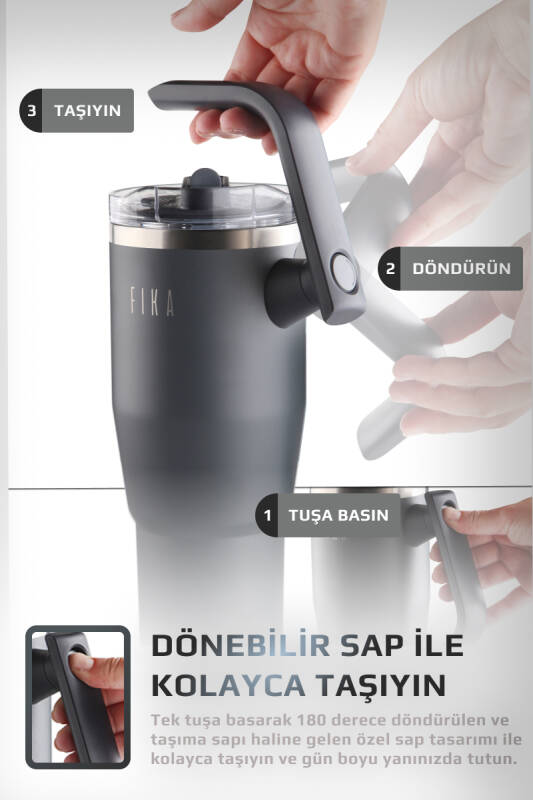 Fika Lumi Patentli Döner Kulplu Sızdırmaz Çift Ağızlıklı Çelik Termos 950 ML - Antrasit - 8