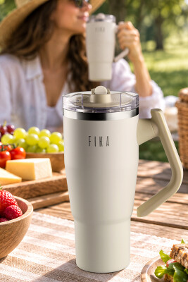 Fika Lumi Patentli Döner Kulplu Sızdırmaz Çift Ağızlıklı Çelik Termos 950 ML - Bej - Neoflam
