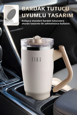 Fika Lumi Patentli Döner Kulplu Sızdırmaz Çift Ağızlıklı Çelik Termos 950 ML - Bej - Neoflam (1)