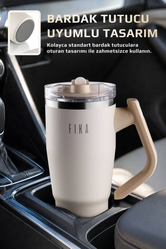 Fika Lumi Patentli Döner Kulplu Sızdırmaz Çift Ağızlıklı Çelik Termos 950 ML - Bej - 2