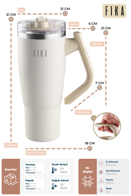 Fika Lumi Patentli Döner Kulplu Sızdırmaz Çift Ağızlıklı Çelik Termos 950 ML - Bej - 3