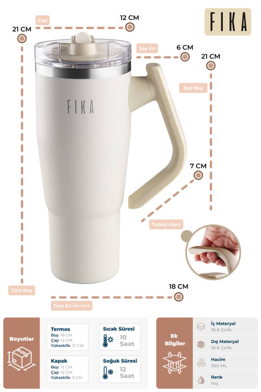 Fika Lumi Patentli Döner Kulplu Sızdırmaz Çift Ağızlıklı Çelik Termos 950 ML - Bej - 3