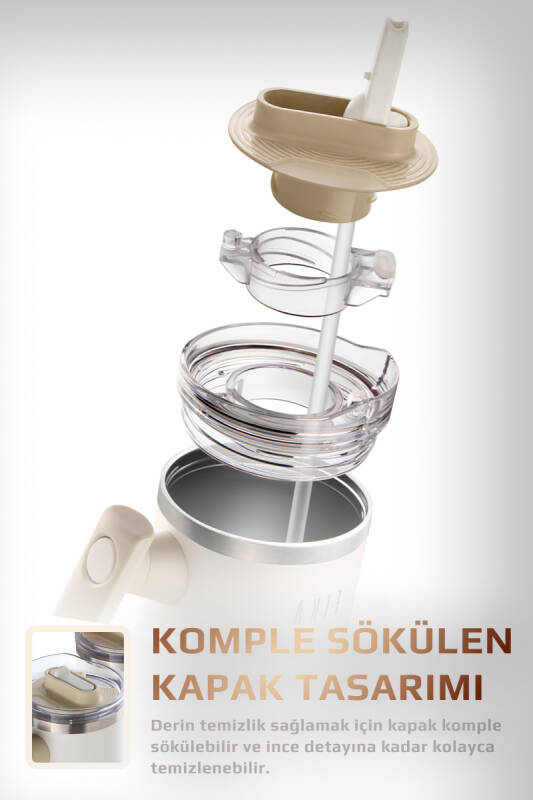 Fika Lumi Patentli Döner Kulplu Sızdırmaz Çift Ağızlıklı Çelik Termos 950 ML - Bej - 4