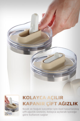 Fika Lumi Patentli Döner Kulplu Sızdırmaz Çift Ağızlıklı Çelik Termos 950 ML - Bej - 5