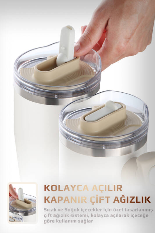 Fika Lumi Patentli Döner Kulplu Sızdırmaz Çift Ağızlıklı Çelik Termos 950 ML - Bej - 5