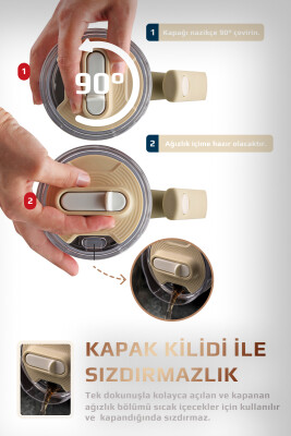 Fika Lumi Patentli Döner Kulplu Sızdırmaz Çift Ağızlıklı Çelik Termos 950 ML - Bej - 6