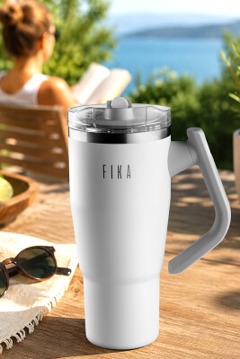 Fika Lumi Patentli Döner Kulplu Sızdırmaz Çift Ağızlıklı Çelik Termos 950 ML - Beyaz - Neoflam