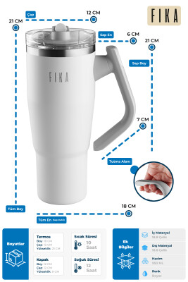 Fika Lumi Patentli Döner Kulplu Sızdırmaz Çift Ağızlıklı Çelik Termos 950 ML - Beyaz - 3