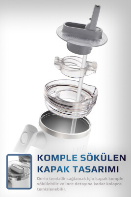 Fika Lumi Patentli Döner Kulplu Sızdırmaz Çift Ağızlıklı Çelik Termos 950 ML - Beyaz - 4