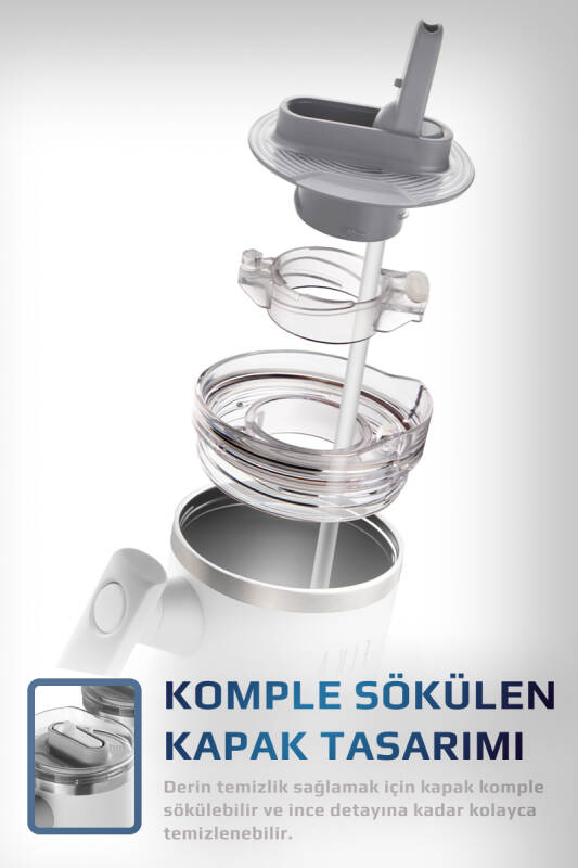 Fika Lumi Patentli Döner Kulplu Sızdırmaz Çift Ağızlıklı Çelik Termos 950 ML - Beyaz - 4