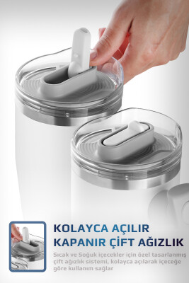 Fika Lumi Patentli Döner Kulplu Sızdırmaz Çift Ağızlıklı Çelik Termos 950 ML - Beyaz - 5
