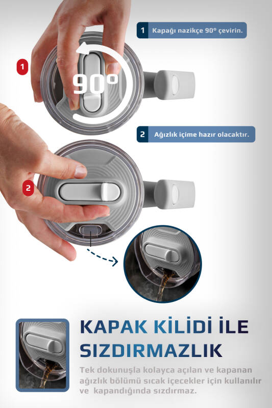 Fika Lumi Patentli Döner Kulplu Sızdırmaz Çift Ağızlıklı Çelik Termos 950 ML - Beyaz - 6