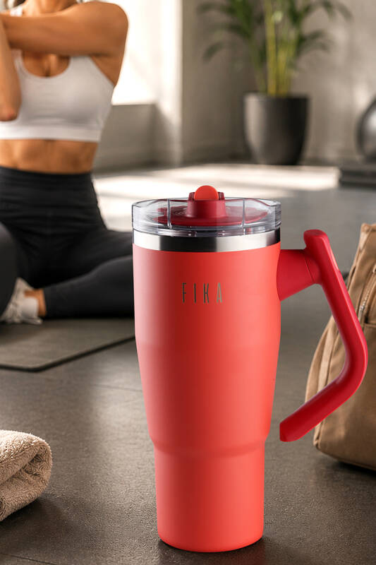Fika Lumi Patentli Döner Kulplu Sızdırmaz Çift Ağızlıklı Çelik Termos 950 ML - Nar Çiçeği - 1
