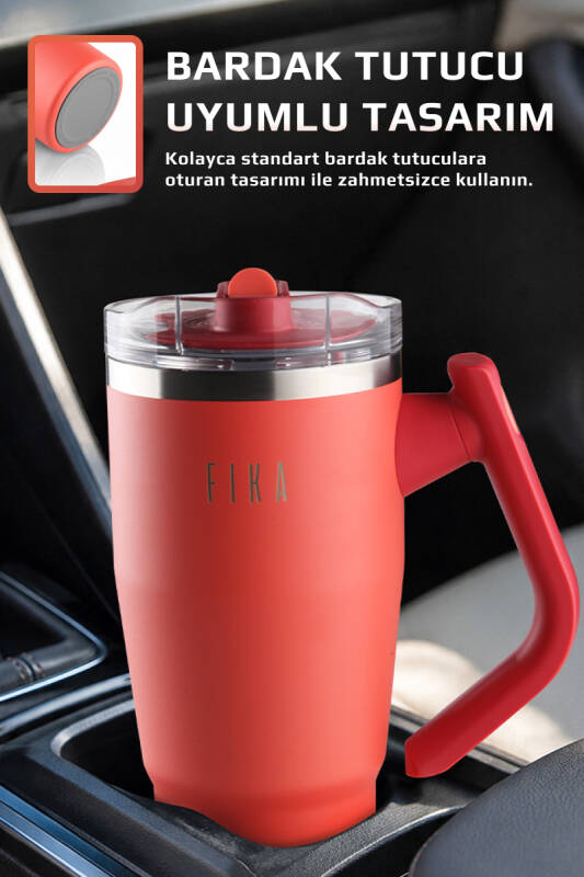 Fika Lumi Patentli Döner Kulplu Sızdırmaz Çift Ağızlıklı Çelik Termos 950 ML - Nar Çiçeği - 2