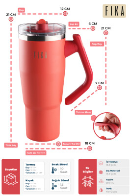 Fika Lumi Patentli Döner Kulplu Sızdırmaz Çift Ağızlıklı Çelik Termos 950 ML - Nar Çiçeği - 3