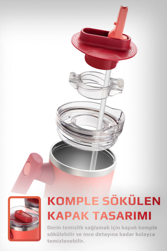 Fika Lumi Patentli Döner Kulplu Sızdırmaz Çift Ağızlıklı Çelik Termos 950 ML - Nar Çiçeği - 4