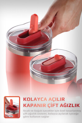 Fika Lumi Patentli Döner Kulplu Sızdırmaz Çift Ağızlıklı Çelik Termos 950 ML - Nar Çiçeği - 5