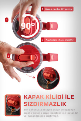 Fika Lumi Patentli Döner Kulplu Sızdırmaz Çift Ağızlıklı Çelik Termos 950 ML - Nar Çiçeği - 6