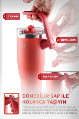Fika Lumi Patentli Döner Kulplu Sızdırmaz Çift Ağızlıklı Çelik Termos 950 ML - Nar Çiçeği - 8