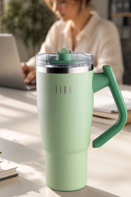 Fika Lumi Patentli Döner Kulplu Sızdırmaz Çift Ağızlıklı Çelik Termos 950 ML - Mint Yeşili - 1