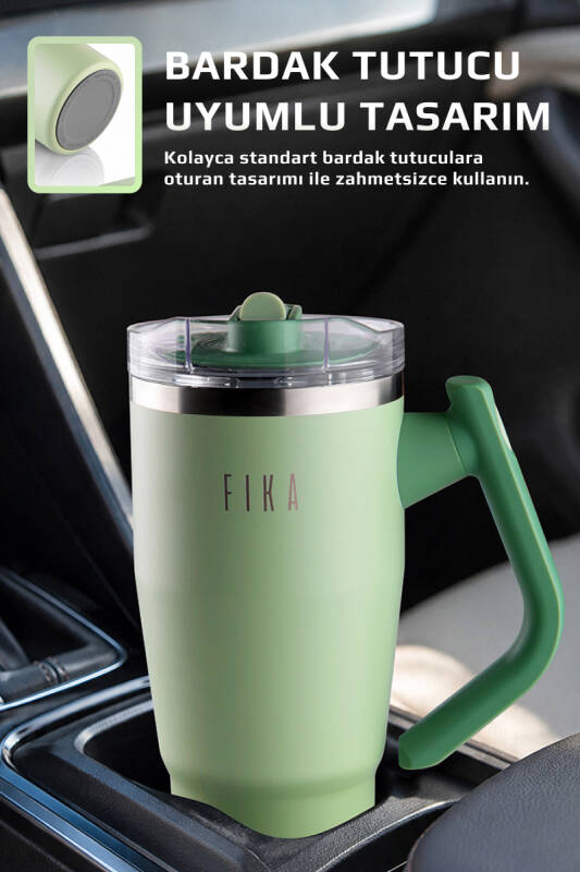 Fika Lumi Patentli Döner Kulplu Sızdırmaz Çift Ağızlıklı Çelik Termos 950 ML - Mint Yeşili - 2