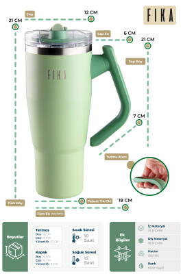 Fika Lumi Patentli Döner Kulplu Sızdırmaz Çift Ağızlıklı Çelik Termos 950 ML - Mint Yeşili - 3